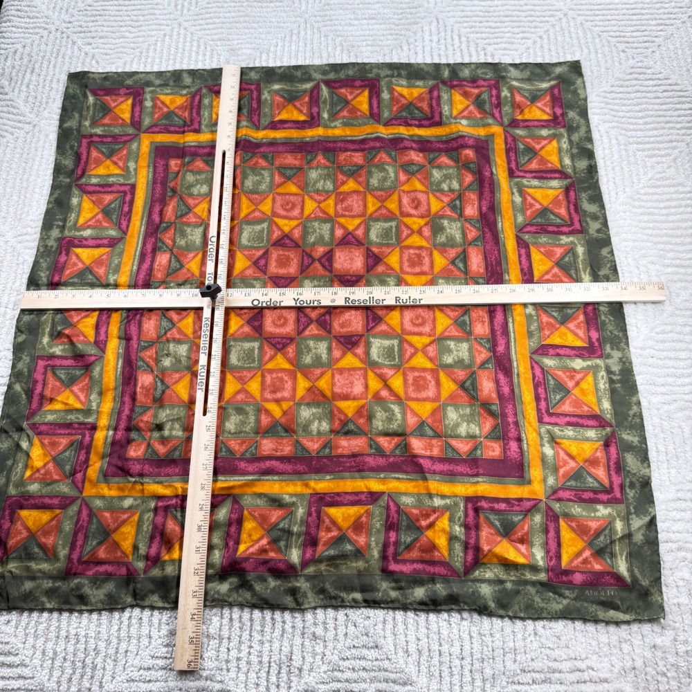 Adolfo Scarf Green Orange Geometric Tile Print Vintage Square Boho Art Deco Mod - Picture 3 of 6